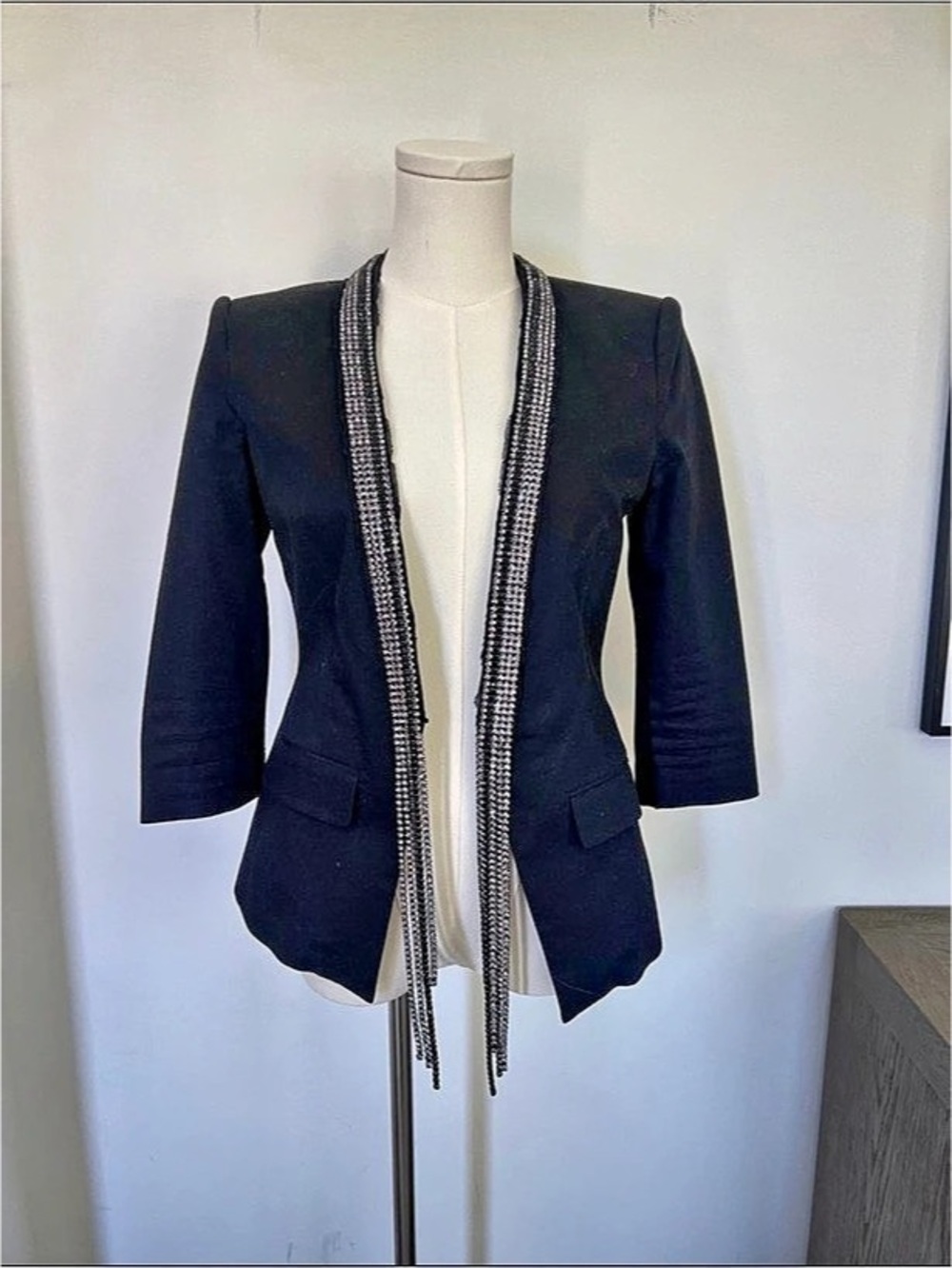 BCBG Embellished Rhinestone Fringe Trim Blazer in Black Size M